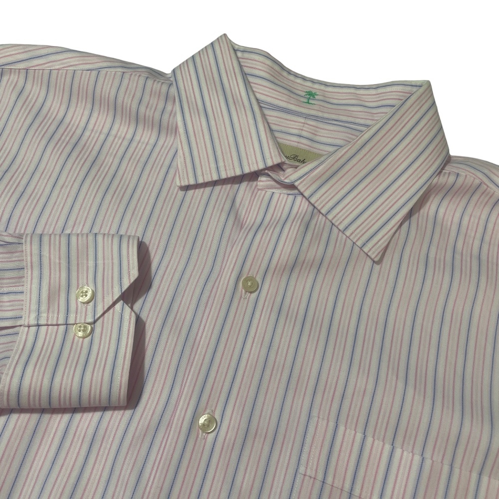 Tommy Bahama 17 34-35 100% White‎ Pink Blue Button Up 100% Cotton Pockets